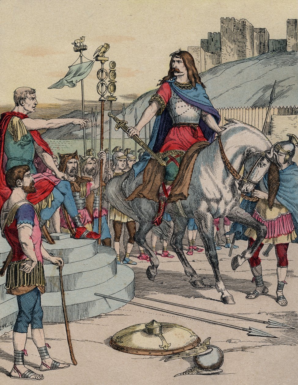 Den galliske høvdingen Vercingetorix (72-46 f.Kr.) overga seg til den romerske høvdingen Julius Caesar (100-44 f.Kr.) etter slaget ved Alesia i 52 f.Kr. - "" Den galliske lederen Vercingetorix (72-46 f.Kr.) overga seg til den romerske høvdingen Jules Cesar av French School