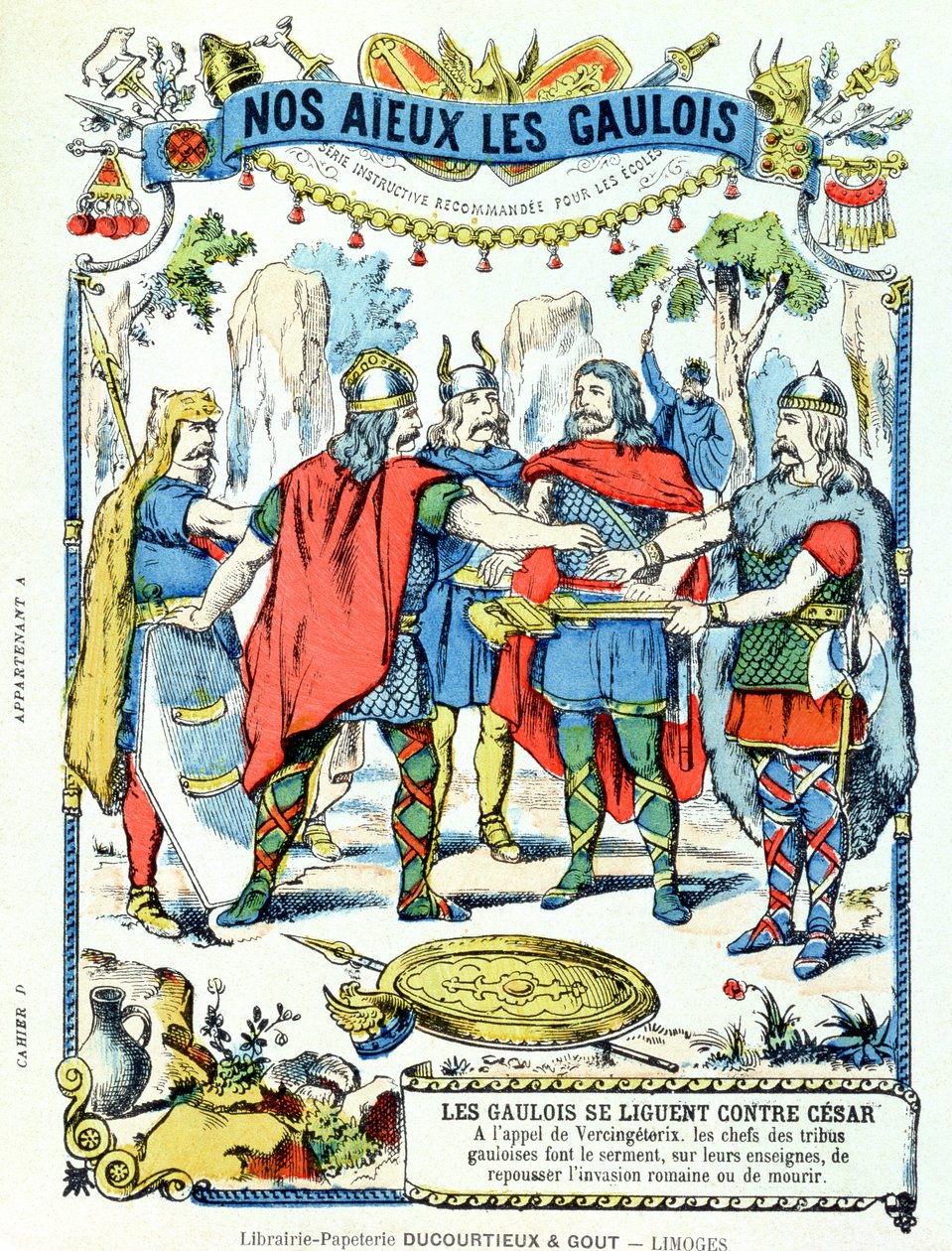 De galliske lederne i ligaen mot Julius Caesar (100-44 f.Kr.) ledet av Vercingetorix (d.46 f.Kr.) fra et beskyttende erme for skolebøker, sent på 1800-tallet av French School