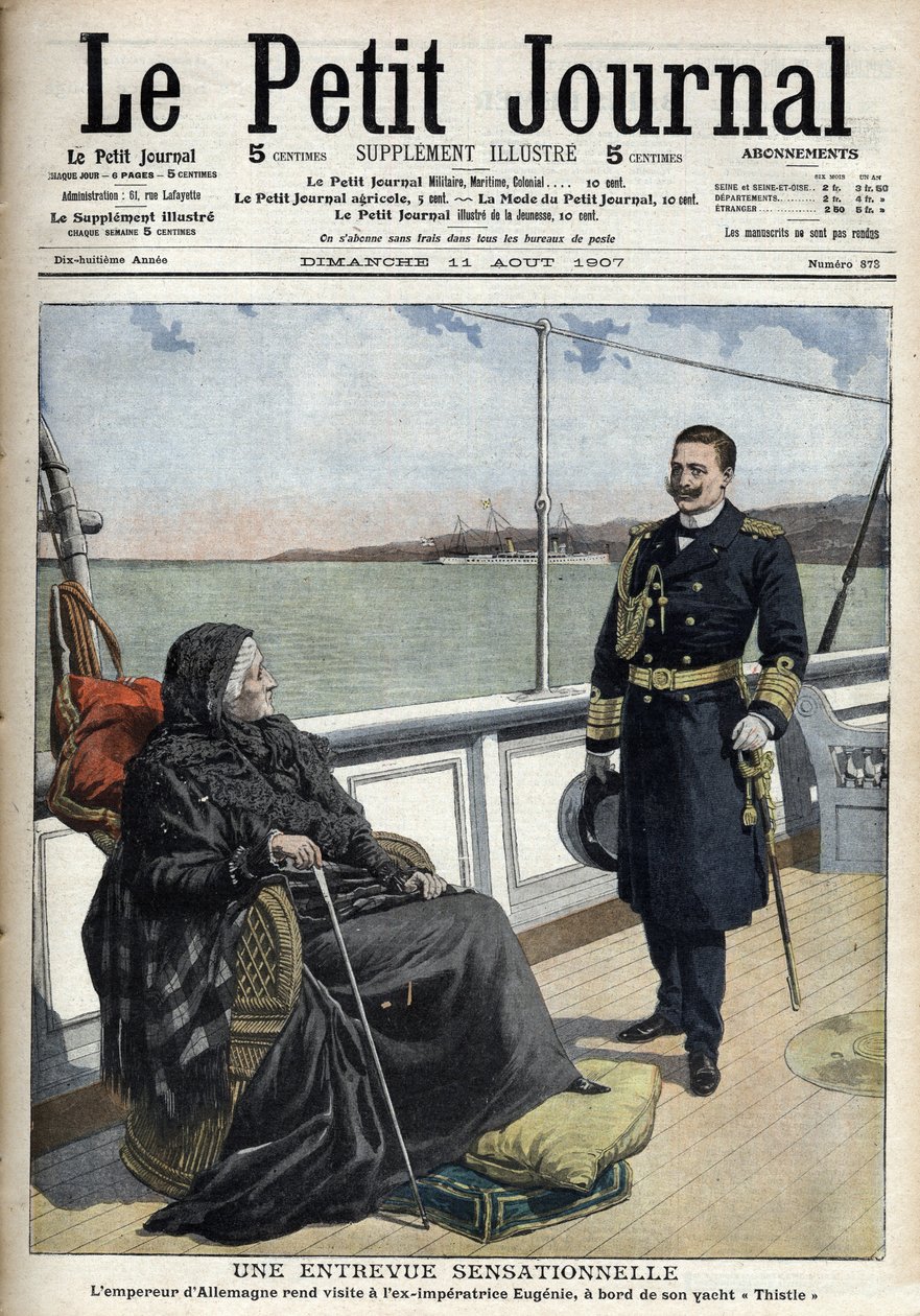 The German Emperor William II (1859-1941) visited the former imperial Eugenia (1826-1920) on board his yacht “Thistle”, ”Le petit journal” le 11 August 1907 (engraving) av French School