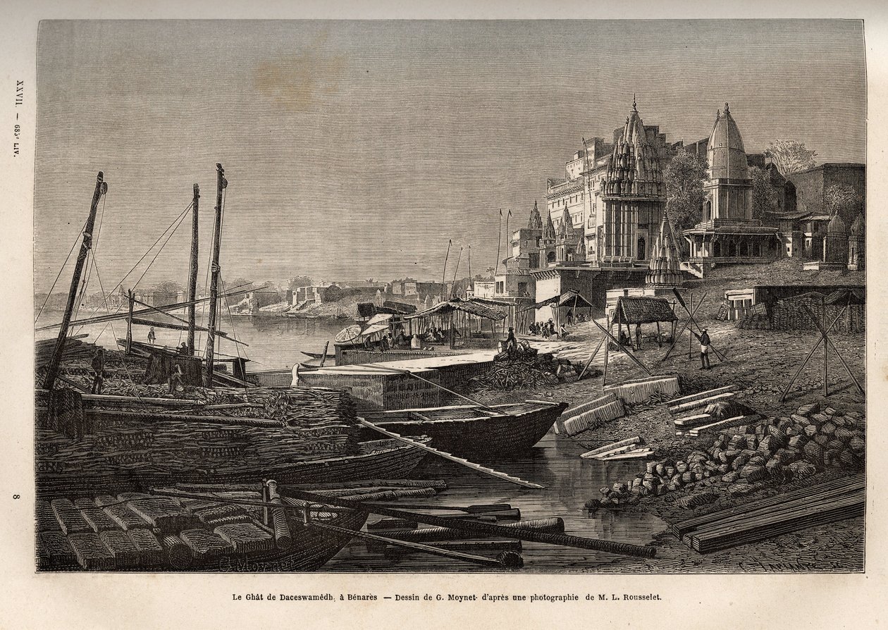 Ghat de Benares (dagens Vanarasi) (ghat som betegner trinnene som dekker bredden av elvene og bredden av bassengene og reservoarene som gjør det mulig å gå ned i kontakt med vann), gravert etter G. Moynets tegning, som illustrerer reisen t av French School