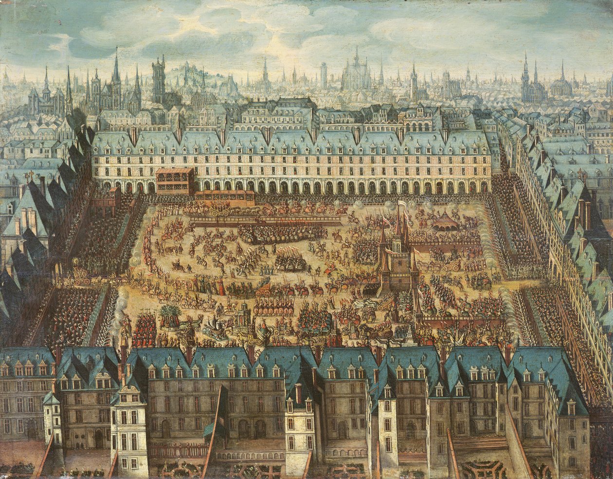 The Glorious Knights Jousting Tournament på Place Royale for å feire bryllupet til Louis XIII (1601-43) med Anne av Østerrike (1601-66) 5., 6. og 7. april 1612 av French School