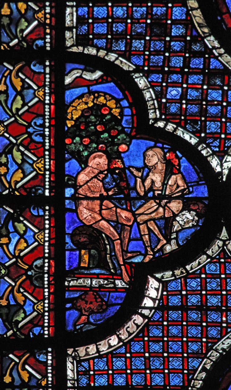 Det barmhjertige samaritanske vinduet: Adam og Eva under kunnskapens tre om godt og ondt (w44) av French School