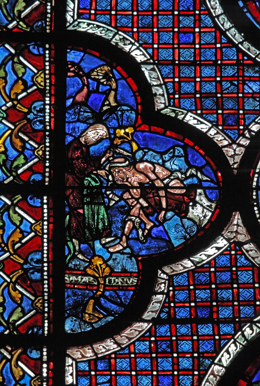 Det barmhjertige samaritanske vinduet: en samaritan binder sårene hans (w44) av French School