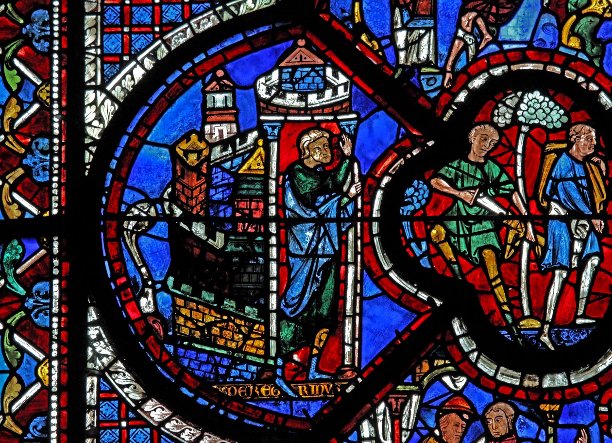 Det barmhjertige samaritanske vinduet: en mann forlater Jerusalem (w44) av French School