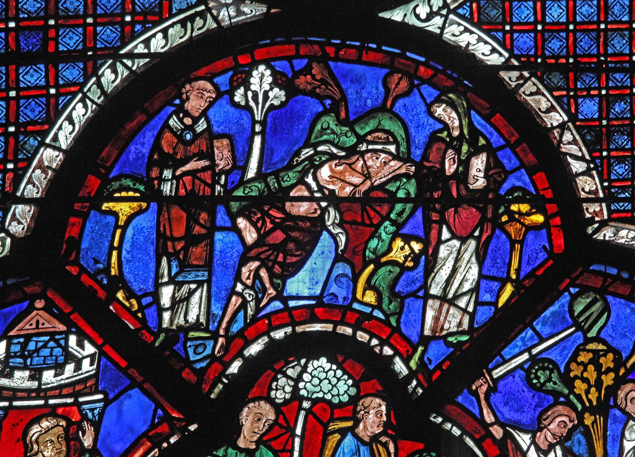 Det barmhjertige samaritanske vinduet: en prest og Levi går forbi (w44) av French School
