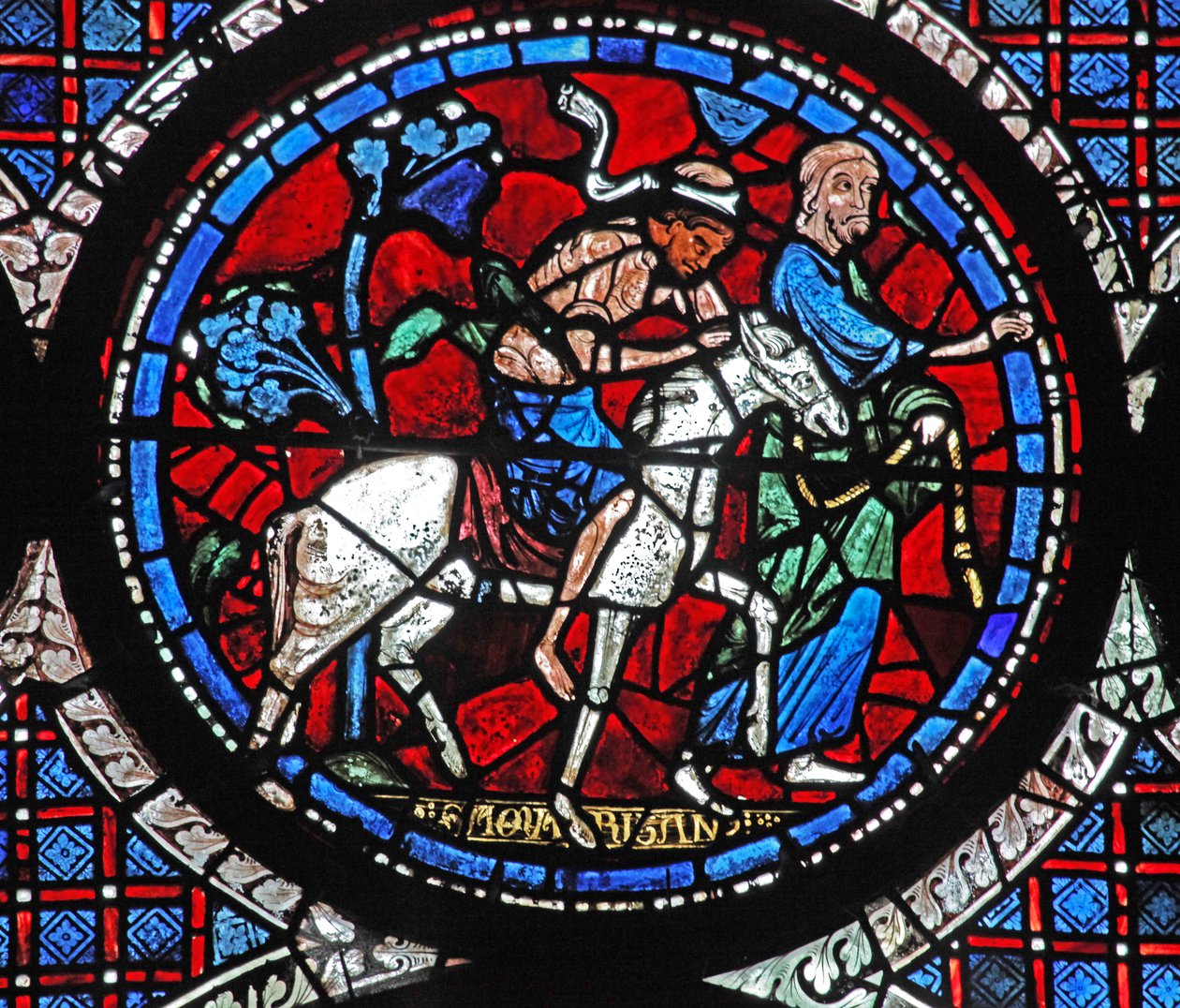 Det barmhjertige samaritan-vinduet: bringer offeret til et vertshus (w44) av French School
