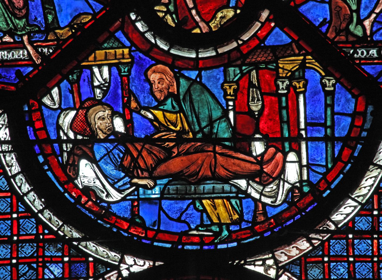 Det barmhjertige samaritanske vinduet: samaritanen tar seg av den sårede mannen (w44) av French School