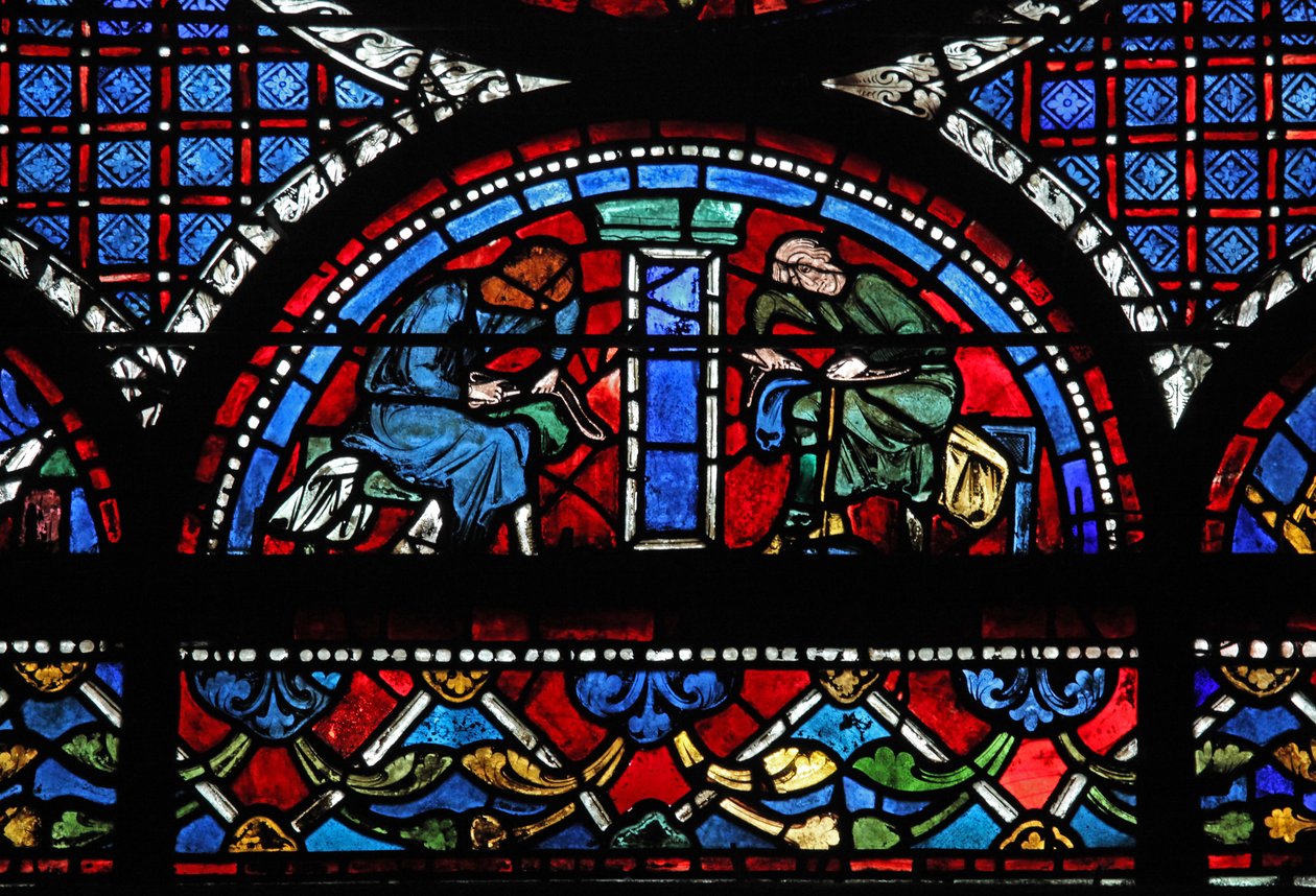 Det barmhjertige samaritanske vinduet: giverne - skomakere (w44) av French School