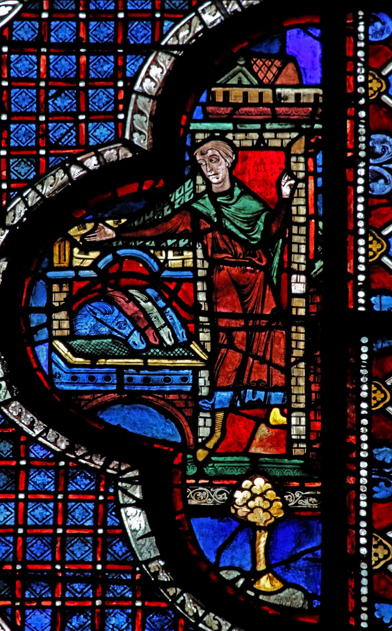 Det barmhjertige samaritanske vinduet: vertshuset tar imot samaritanen og den sårede mannen (w44) av French School
