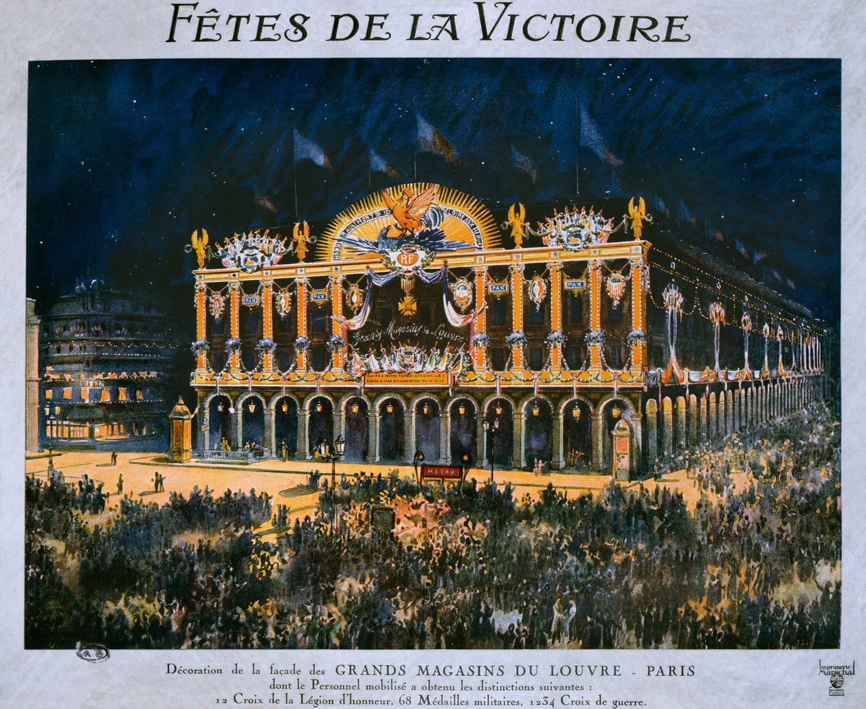 Grands Magasins du Louvre dekorert for feiringen av 1918-seieren, 14. juli 1919 av French School