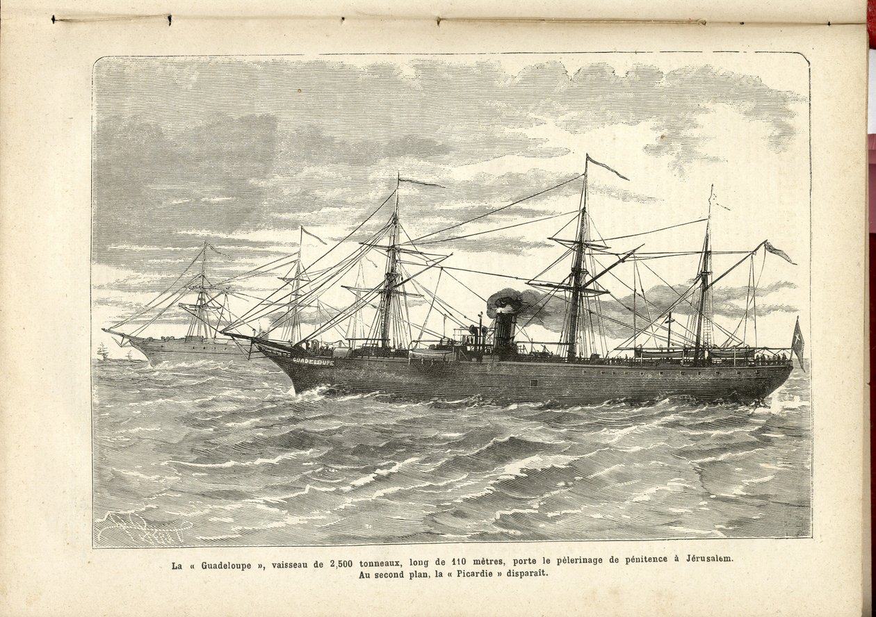 «Guadeloupe», et 2500-tonns fartøy, er 110 meter langt, bærer den botsmessige pilegrimsreisen til Jerusalem., Anonymous, The Pilgrim av French School