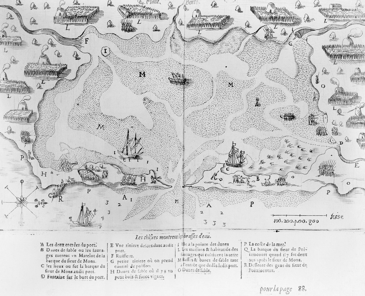 The Harbour of Cape Cod, fra Voyages de sieur Champlain av Samuel de Champlain (1567-1635) utgitt i Paris, 1613 av French School