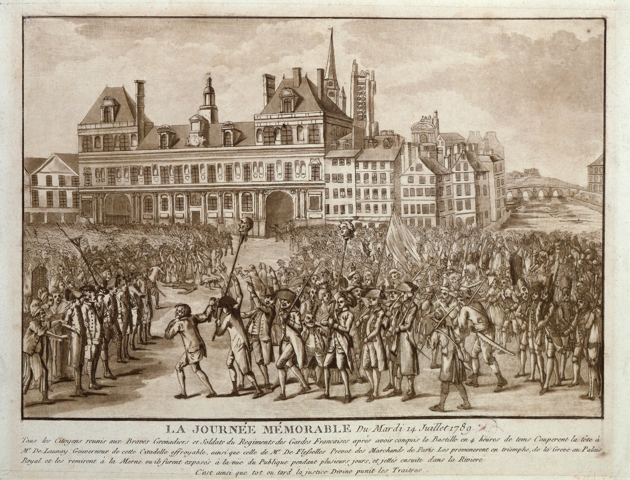Lederne av Launay og Flesselles promenerte foran Hotel de Ville, 14. juli 1789 av French School