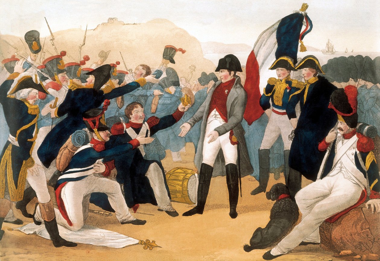 De hundre dagene (1. mars–18. juni 1815): Napoleon I Bonapartes (1769–1821) returnering fra øya Elba, 5. mars av French School