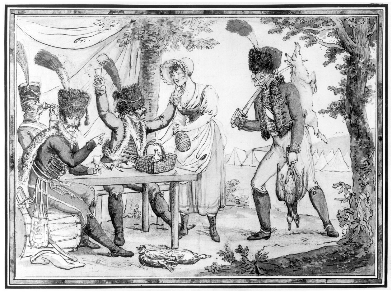 Husarene og Vivandiere, 1803 (wc på papir) av French School
