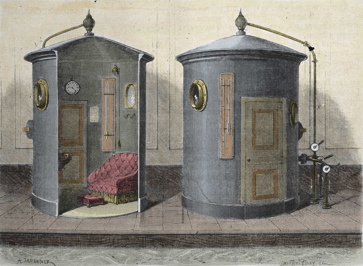 The Hyperbaric Chamber av Paul Bert (1833-1887) fysiolog og fransk politiker. Gravering fra 1855. av French School