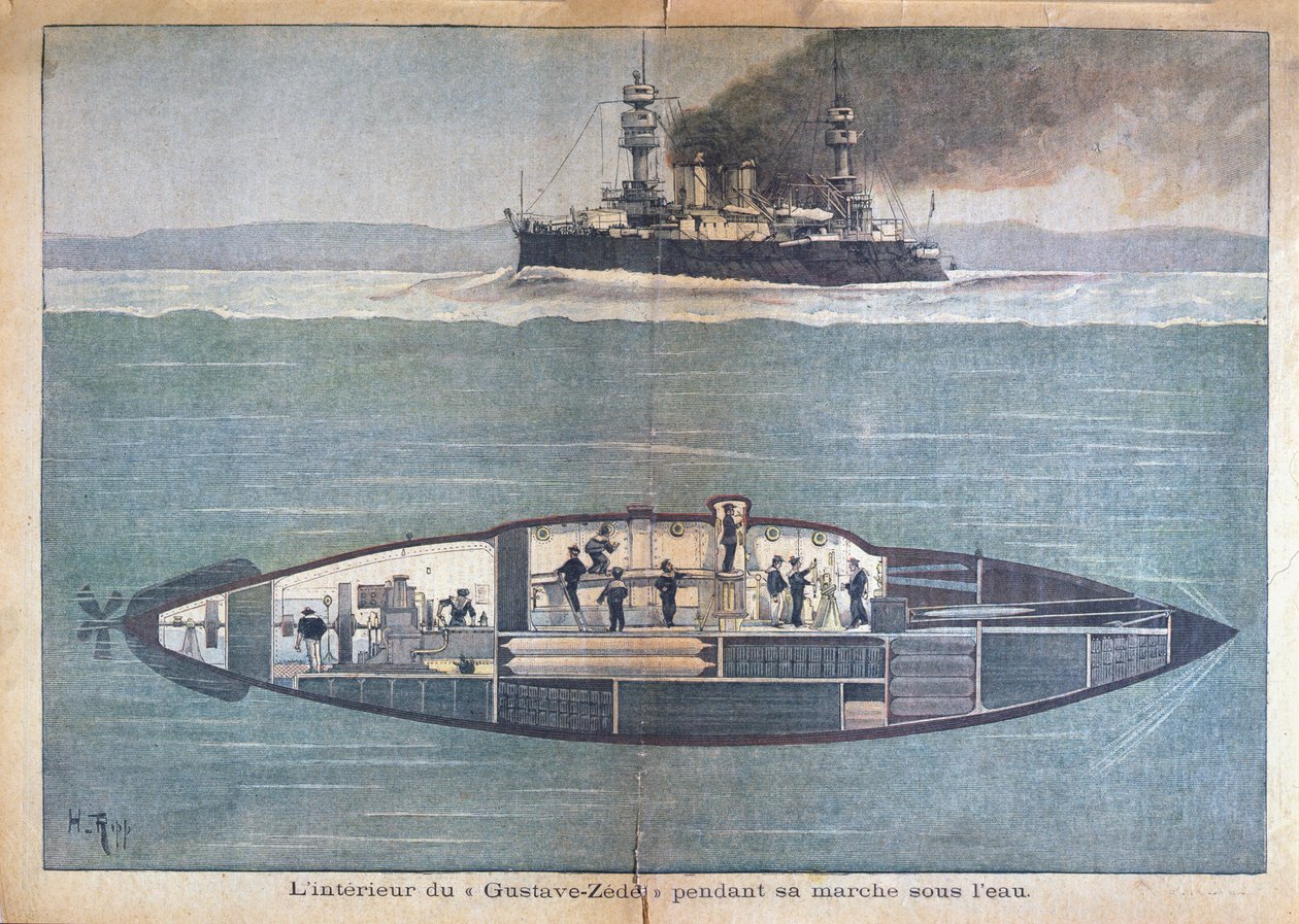 Interiøret til Gustave-Zedei mens du er under vann, 1899 (fargegravering) av French School