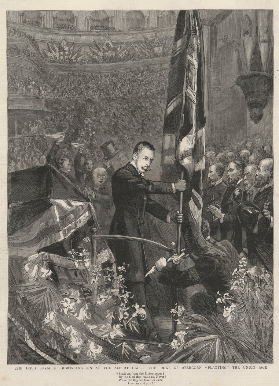 Den irske lojalistdemonstrasjonen i Albert Hall, London, 1893: Hertugen av Abercorn (James Hamilton) (1811-1885) planter Union Jack. av French School