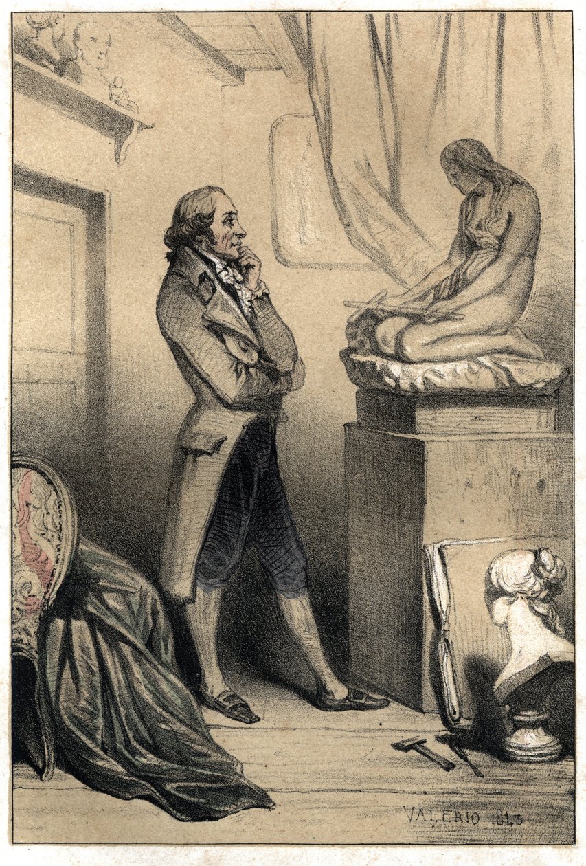The Italian Sculptor Antonio Canova (1757 - 1822) before the culture of “” Madeleine penitente””. Plate taken from “” Scenes de la vie des hommes famous””” engraving in two shades by Valerio. 1843. av French School
