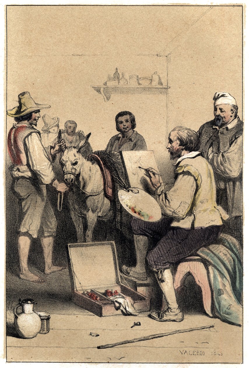 Den italienske maleren Antonio Allegri (kjent som Correggio eller Le Correge 1489-1534), støtter, skaper tegnet til et vertshus, for å betale for måltidet hans Tallerken hentet fra "" Scener av berømte menns liv""" gravering i to farger av Valerio. 1843. av French School