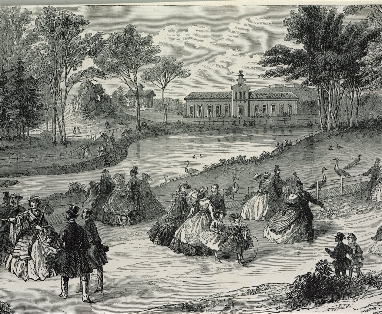 The Jardin dAcclimatation, Paris, 1855 (bw-gravering) av French School