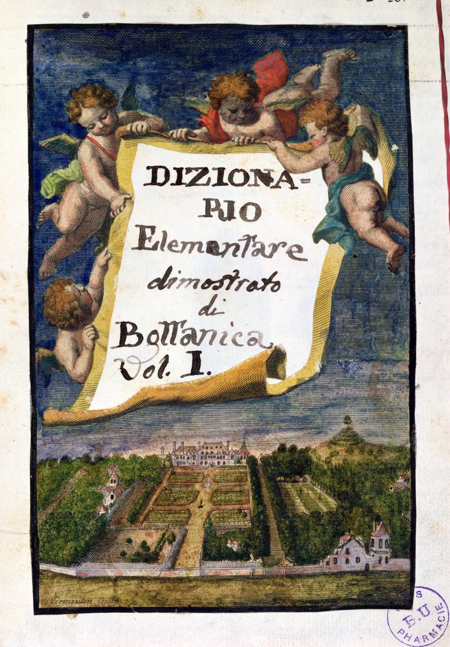 Jardin des Plantes i Paris, frontispice fra Dizionario Elementare dimostrato di Bottanica, bind I Istitutiones Rei Herbariae, av Joseph Pitton de Tournefort (1656-1708), utgitt i Paris, 1 av French School