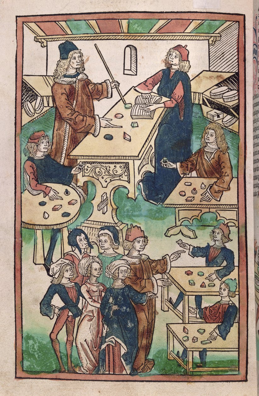 The Jewellers Shop, 1491 (farget tresnitt) av French School