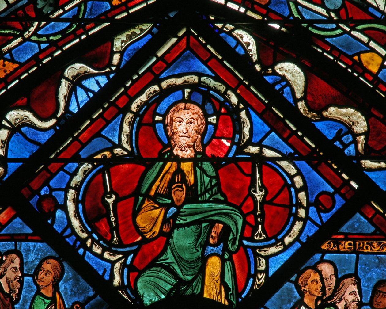 Joseph-vinduet: Kristus i en quatrefoil gir velsignelse (w41) av French School