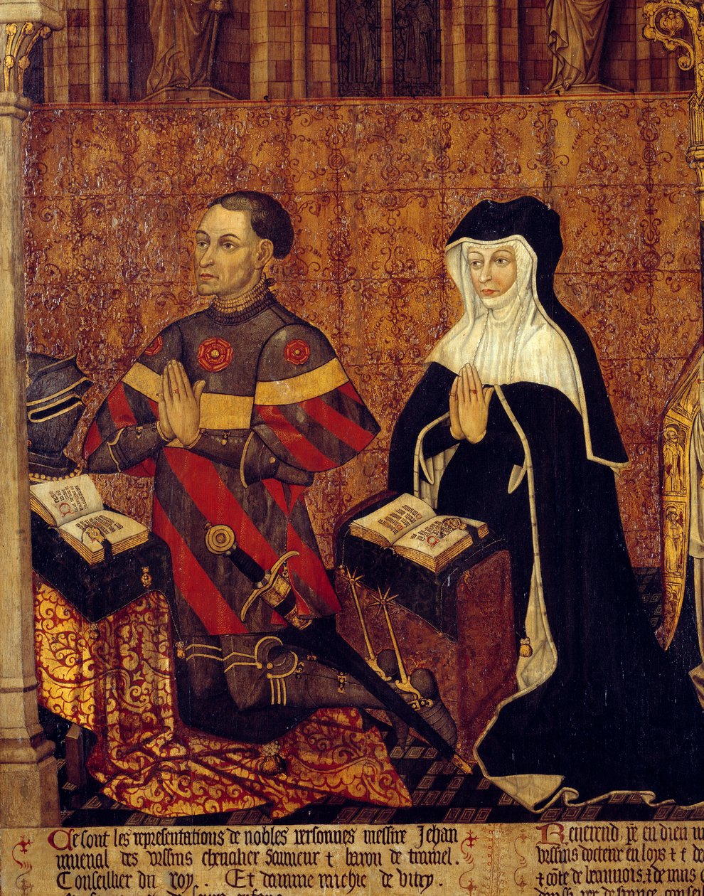 The Jouvenel Family of Ursins Detail av Jean Juvenal des Ursins (1360-1431) og hans kone. Maleri på tre fra den franske skolen. 1443-1449. Søn 1,3x3,5 m Paris, middelalderens nasjonalmuseum, Thermes de Cluny av French School