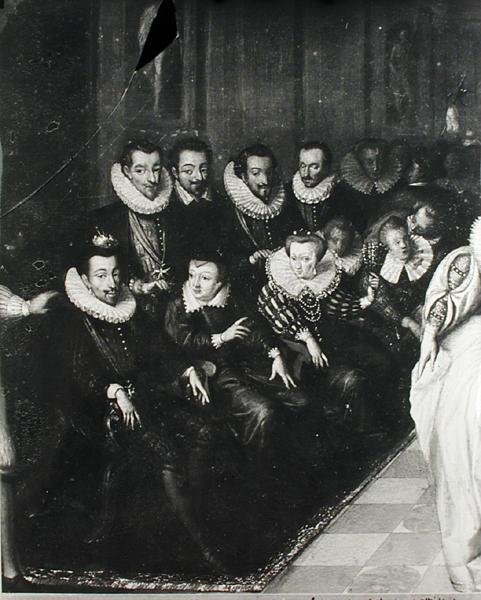 The Joyeuse Ball, gitt på Louvre i anledning ekteskapet mellom Anne Duke av Joyeuse (1561-87) med Marguerite de Vaudemont den 24. september 1581, ca. 1582 (detaljer) av French School