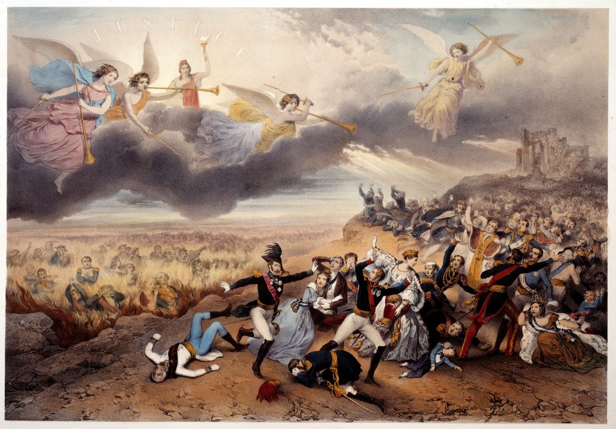 Guds dom. Apokalypsens engler blåser i trompeter og kunngjør den siste dommen før monarkene og andre hovedpersoner i fransk historie, Napoleon I og representanter for det gamle regimet brenner i helvetes flammer. Illustrasjon laget av French School