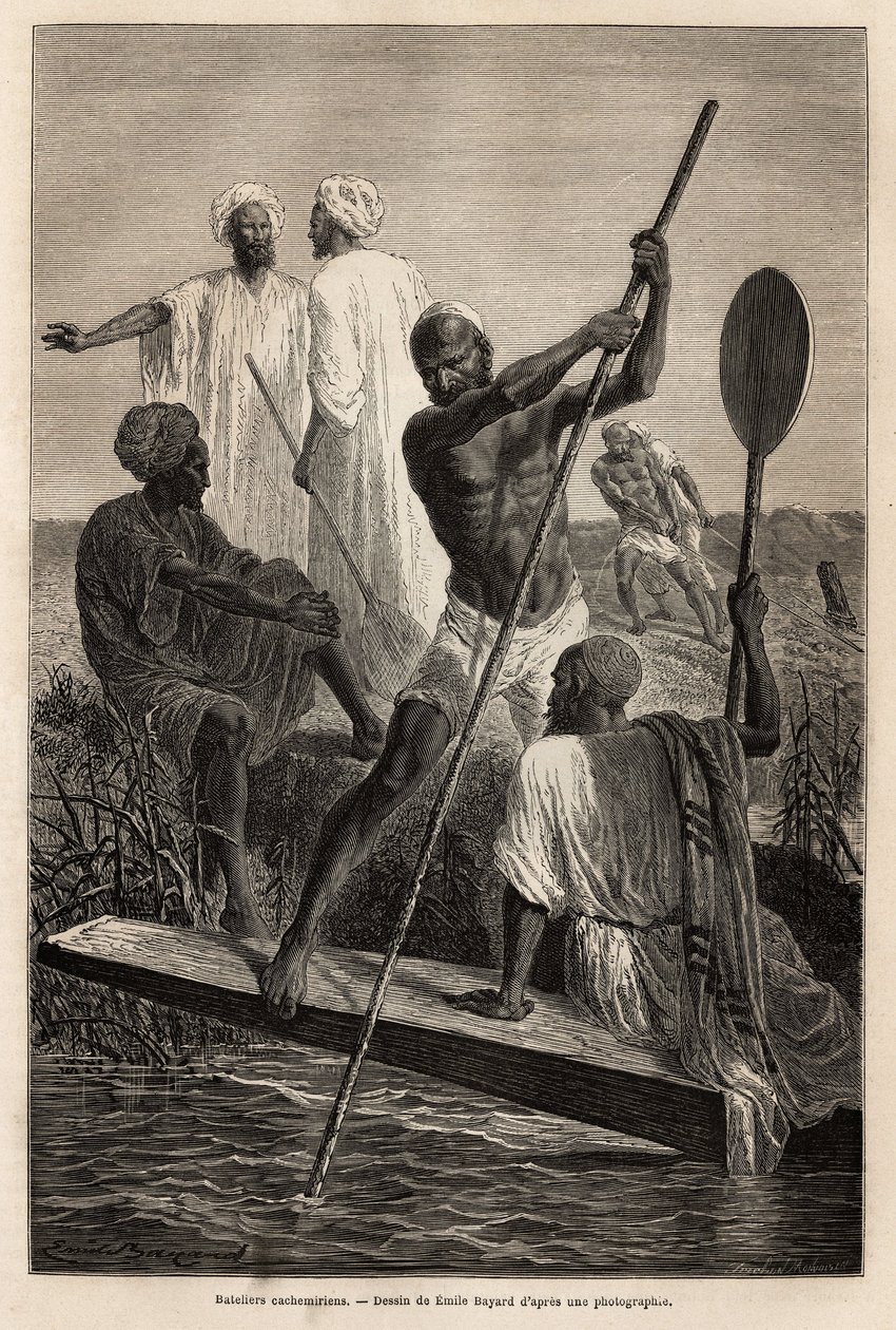 De kashmiriske båtmennene, i nærheten av Srinagar (Shrinagar), i full arbeid - Gravering for å illustrere historien om Pandjab og Kashmir, av Guillaume Lejean i 1866, publisert i "" Le tour du monde"" 1870-1871, redigert av Edouard Char av French School