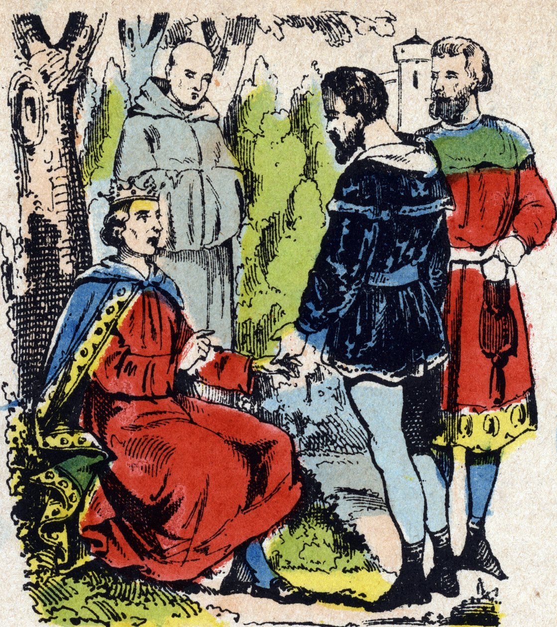 Kongen av Frankrike Louis IX dit Saint-Louis" (1214-1270) yter rettferdighet under en eik i Vincennes - Kongen av Frankrike Saint Louis (1214-1270) yter rettferdighet under en eik i Vincennes av French School