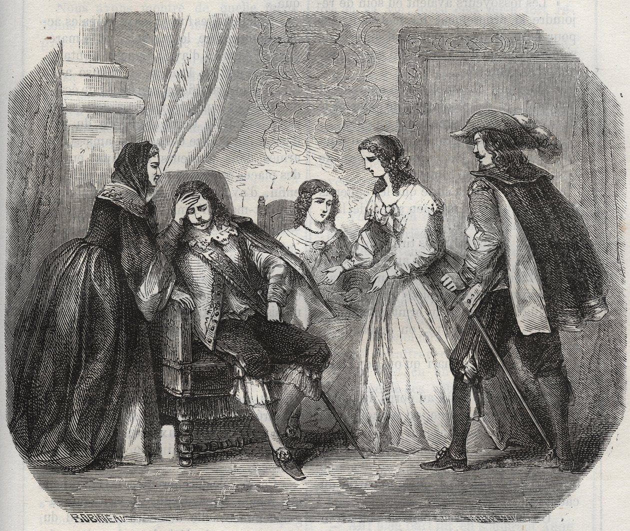 The King of France Louis XIII (1601-1643) is caught with migraine when he speaks to Queen Anne of Austria (1601-1666). Engraving from 1871 in “Histoire Des Cocus Celebres”” by Henry de Kock (1819-1892). av French School