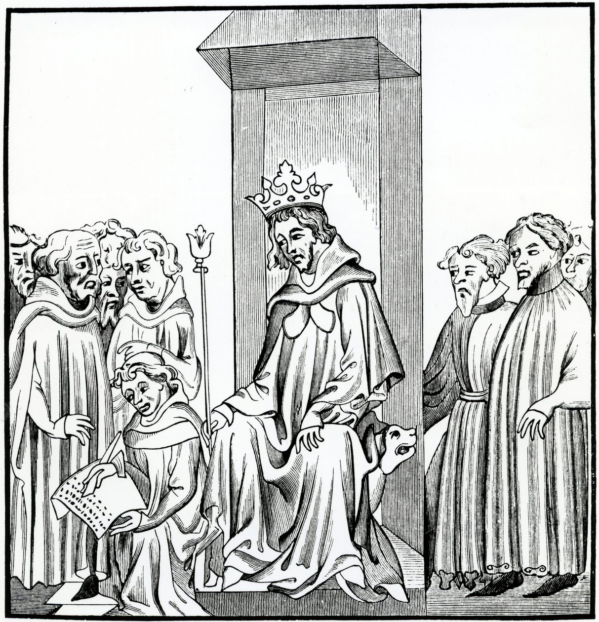 Kongen av frankerne dikterer den saliske loven, etter en miniatyr i Chronicles of St. Denis av French School