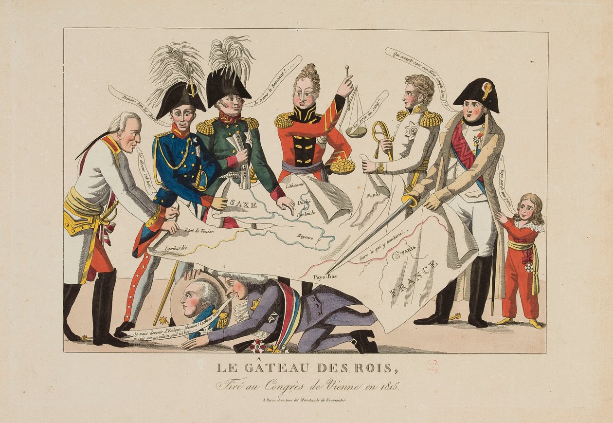 Kongenes kake blir skåret på kongressen i Wien (november 1814-juni 1815), ca. 1815 (fargegravering) av French School