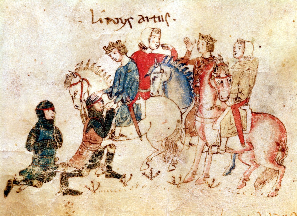 Knights Esclabor og Arphasar tilbyr sine tjenester til kong Arthur, fra Roman de Meliadus av French School