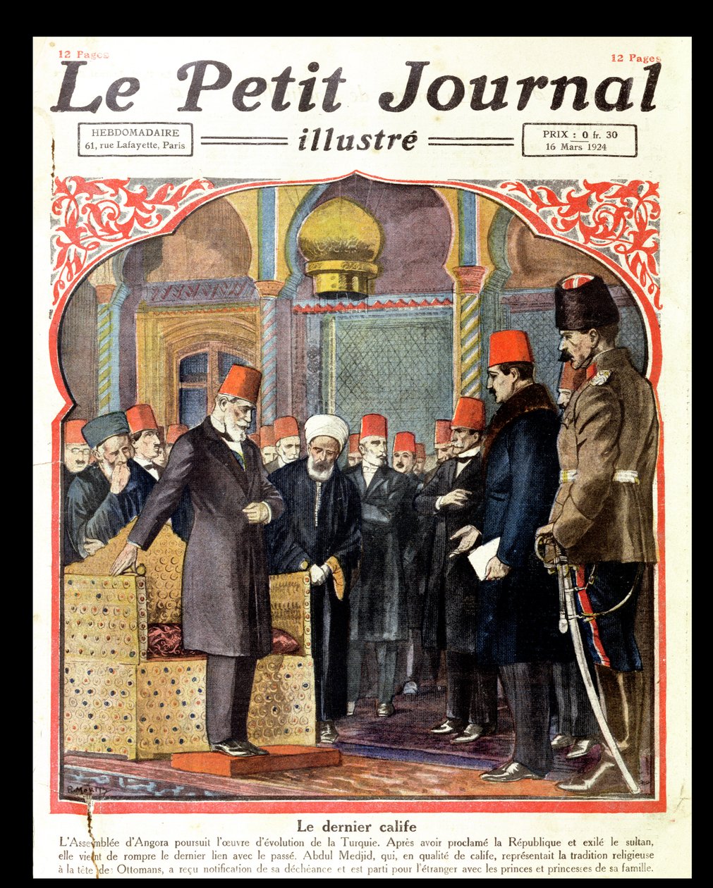 Den siste kalifen, Abdul Majid II (1868-1944) avsatt fra tronen av Ankara-forsamlingen, fra Le Petit Journal, 1924 av French School