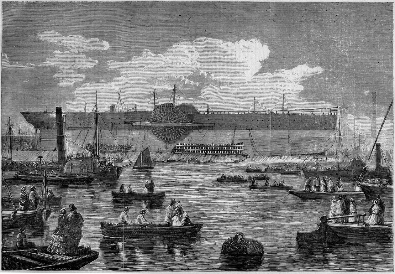 The “Leviathan” (Great Eastern), the first giant liner, during his attempt to launch in 1857. Engraving in “” Le Monde Illustré”” n°31 of 14 November 1857. av French School