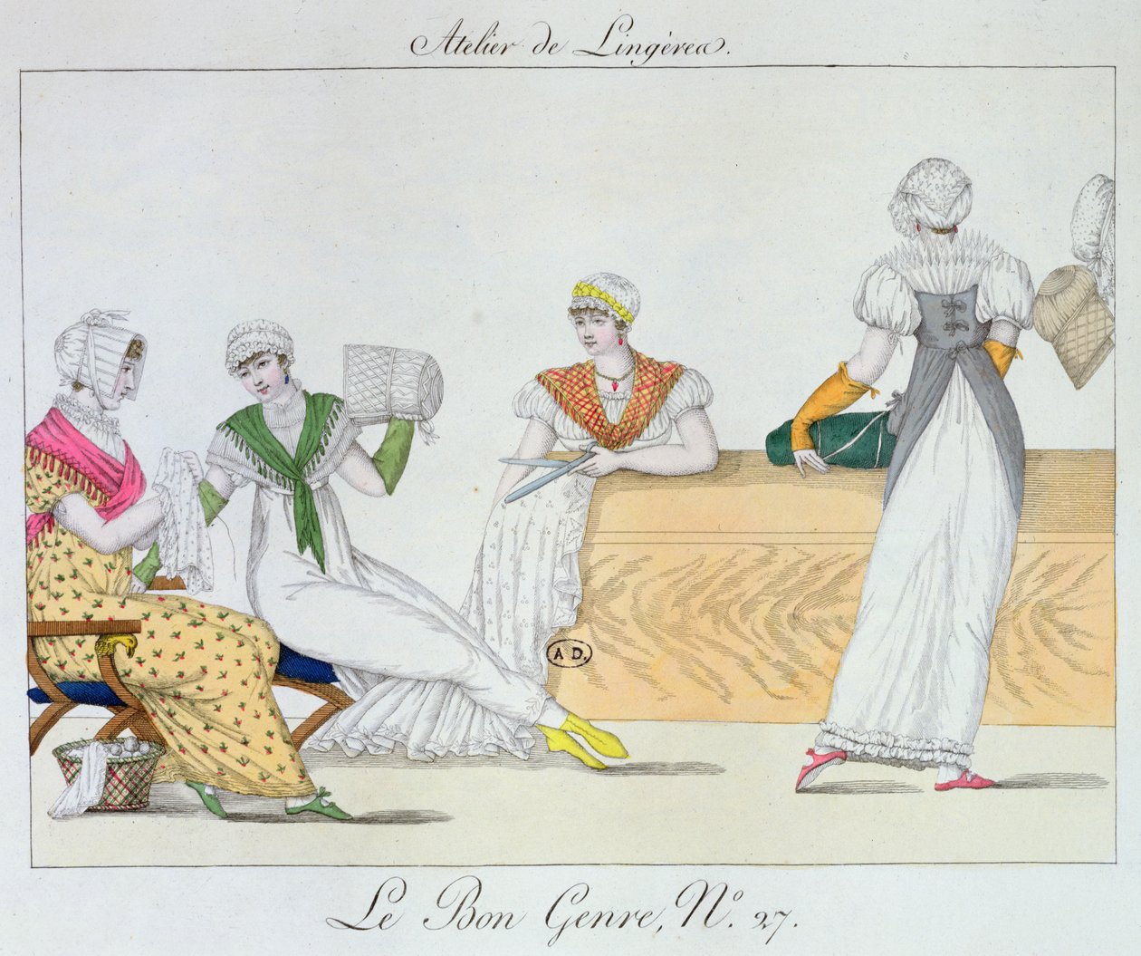 The Lingerie Workshop, plate 27 fra Le Bon Genre, 1827 av French School