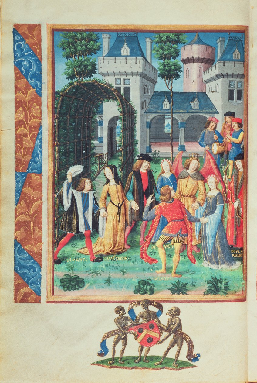 Den magiske hagen, med allegoriske figurer av høflighet, kjærlighet, skjønnhet og liberalitet, fra Roman de la Rose (gouache på pergament) av French School