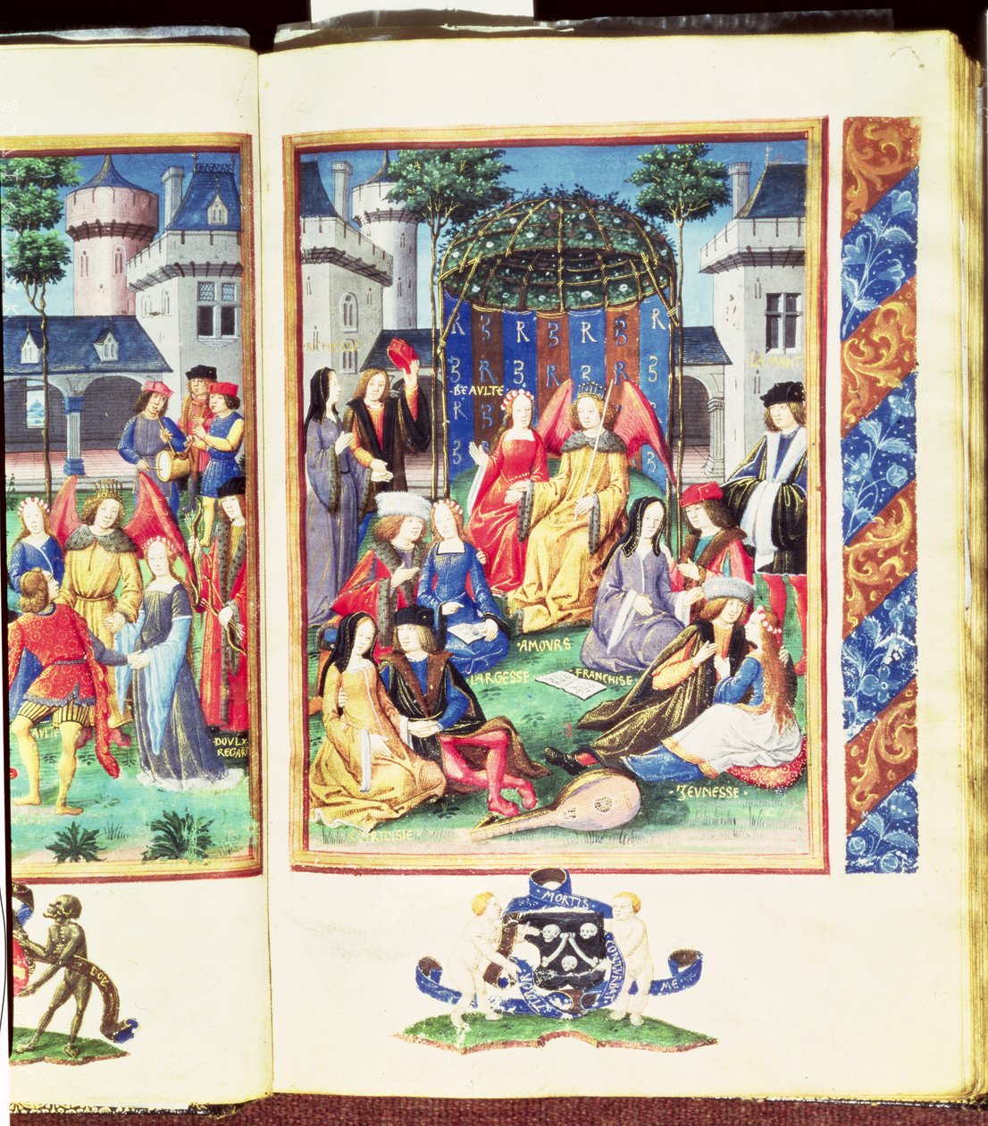 Den magiske hagen, med allegoriske figurer av rikdom, høflighet, frihet, skjønnhet, kjærlighet, åpenhet og ungdom, fra Roman de la Rose (gouache på pergament) av French School