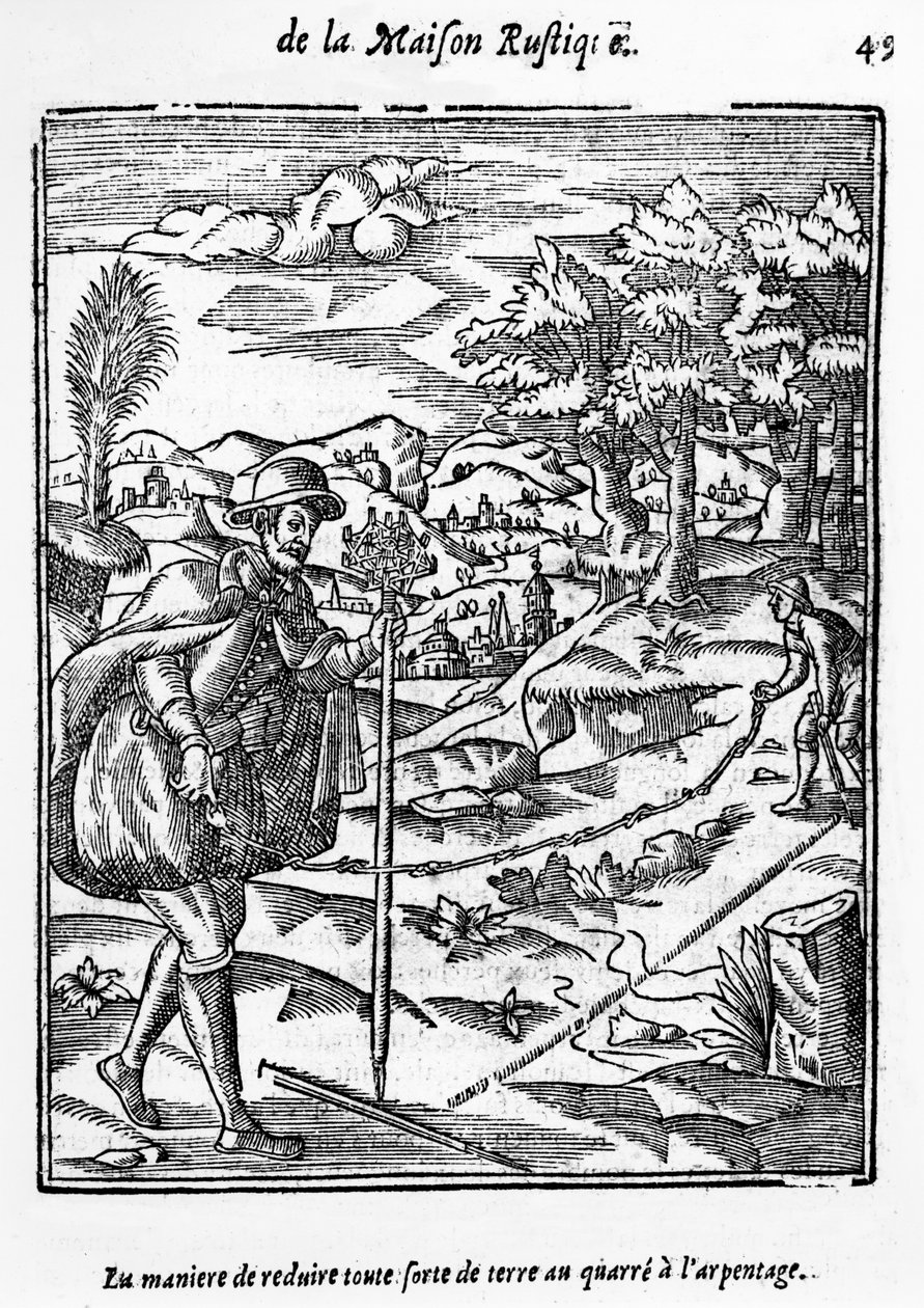 The Way in which to Reduce any form of Ground to the Surveying Square, illustrasjon fra LAgriculture et Maison Rustique av Charles Estienne, utgave publisert 1641 av French School