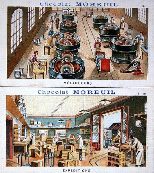 Produksjon og distribusjon av sjokolade, bildereklamesjokolade Moreuil, ca. 1900 (se også 157413) av French School