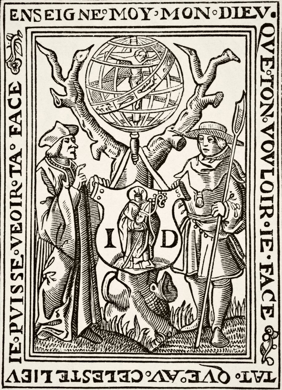 The Marque of Jehan St Denis, Parisien Bookseller, fra Science and Literature in The Middle Ages av Paul Lacroix pub. London 1878 av French School
