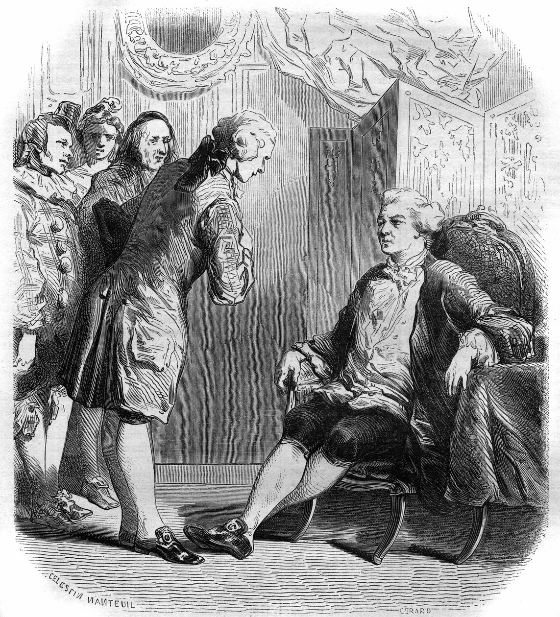 Markisen de Puysieulx tar imot Philippe Nericault Destouches (1680-1754) og hans gruppe med omreisende komikere. Gravering fra 1858-1859. av French School