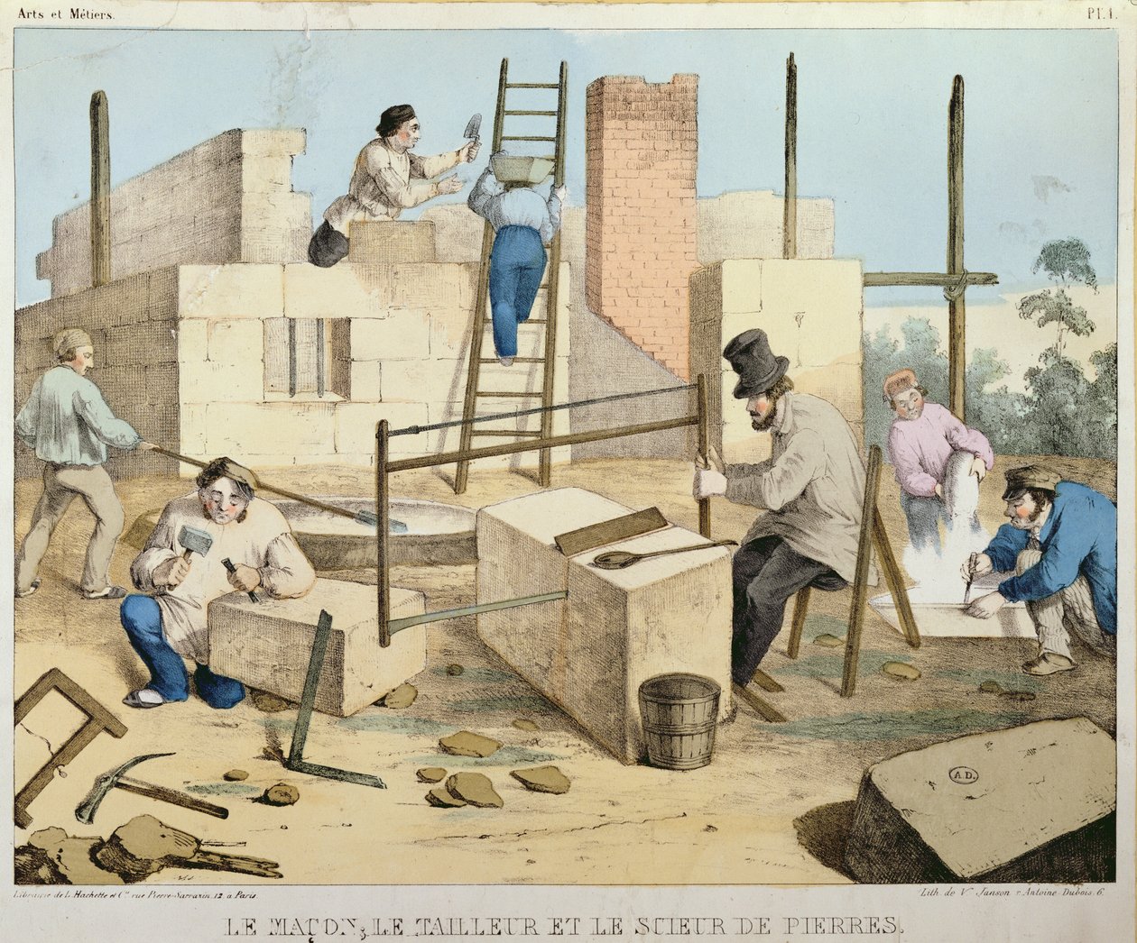 Mureren, steinskjæreren og steinsageren, ca. 1860 av French School