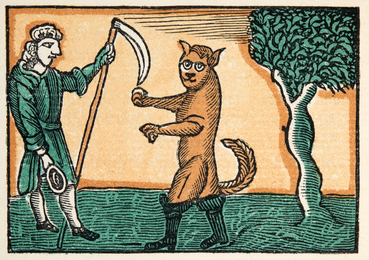 The Master Cat or Puss in Boots fra Histories or Tales of Past Times fortalt av Mother Goose, With Morals, av M Perrault, pub. 1925 (håndfarget treblokktrykk) av French School