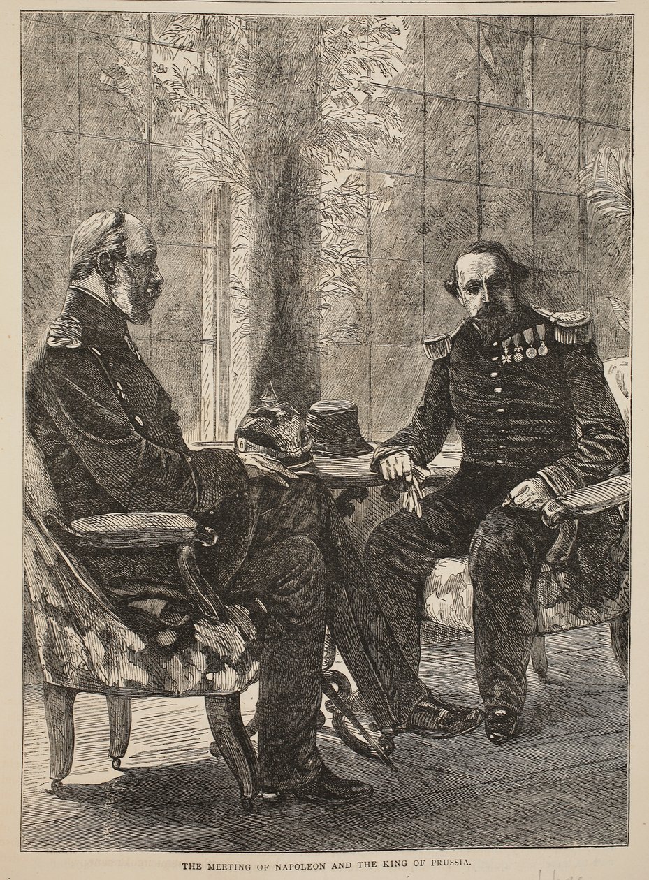 Møtet mellom Napoleon og kongen av Preussen, september 1870, illustrasjon fra Cassells historie om krigen mellom Frankrike og Tyskland, 1870-1871 av French School