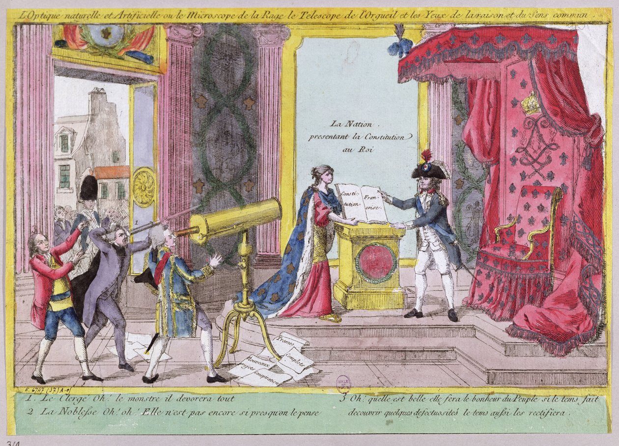 The Microscope of Rage, the Telescope of Pride and the Eyes of Reason and Common Sense, karikatur av adelens og presteskapets reaksjon på den franske grunnloven, ca. 1791 av French School
